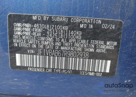 2024 Subaru Wrx from USA, damaged, VIN JF1VBAB67R9802938